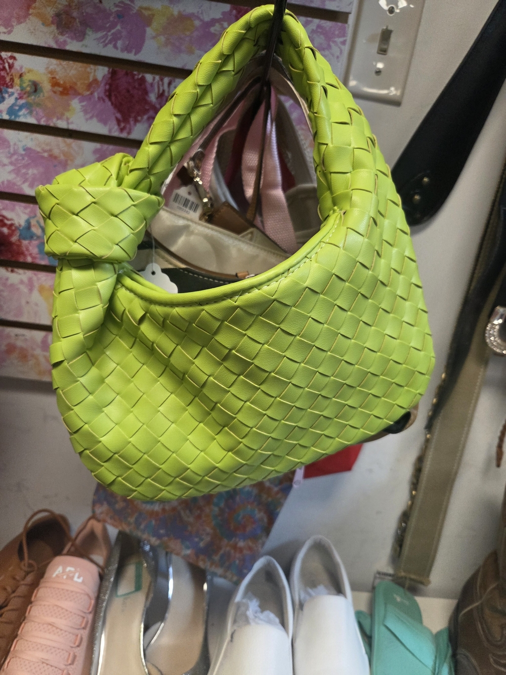 Woven Shoulder Bag in Lime Green - Stylish Knot Handle